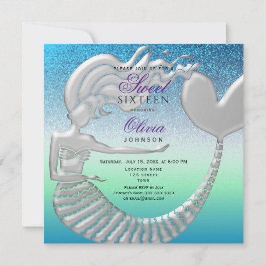 Invitation Mermaid Sweet 16 Anniversaire (Devant)