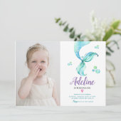 Invitation Mermaid Tail Ocean Cute Aquarelle Photo Anniversai (Debout devant)