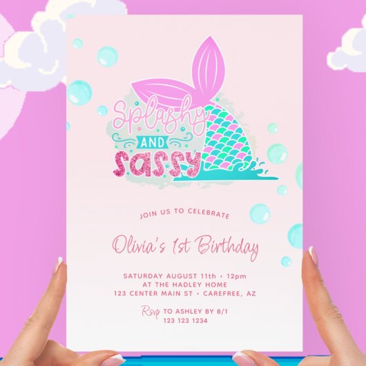 Invitation Mermaid Tail rose arc-en-ciel 1er anniversaire
