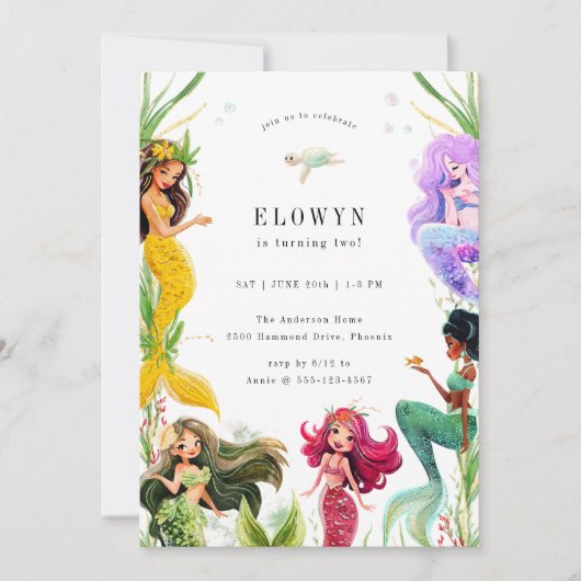 Invitation Mermaid Thème fête d'anniversaire (Devant)