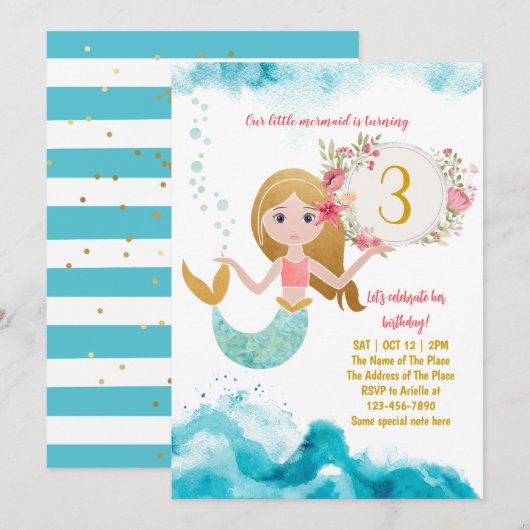 Invitation Mermaid Thème Sous La Mer Bébé Fille 3ème Annivers (Devant / Derrière)