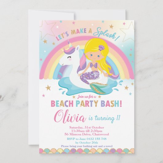 Invitation Mermaid Unicorn Beach Party Anniversaire Blond (Devant)