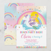 Invitation Mermaid Unicorn Beach Party Anniversaire Blond (Devant / Derrière)