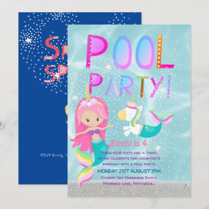 Invitation Mermaid Unicorn PISCINE Party Parties scintillant 