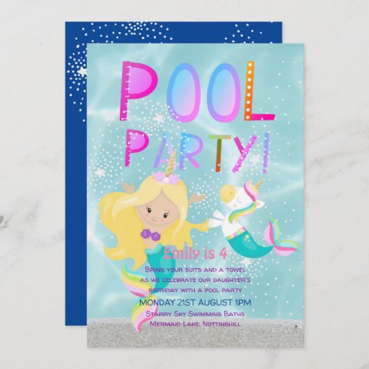 Invitation Mermaid Unicorn PISCINE Party Parties scintillant  (Devant / Derrière)