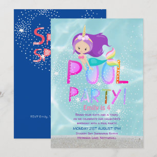 Invitation Mermaid Unicorn PISCINE Party Parties scintillant 