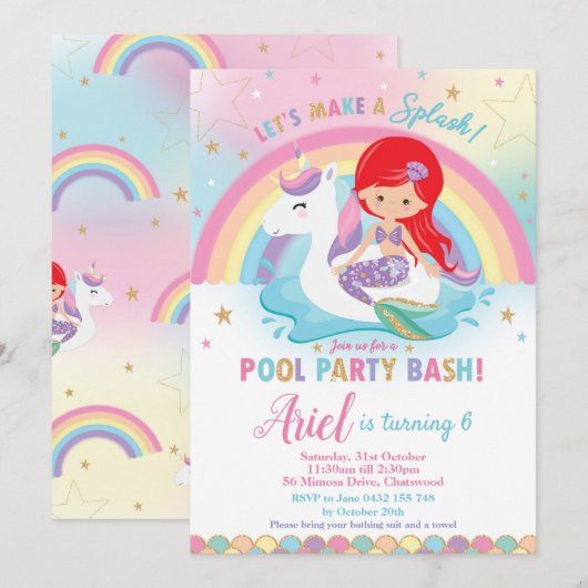 Invitation Mermaid Unicorn Pool Party Anniversaire Red Hair G (Devant / Derrière)