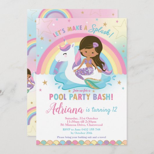 Invitation Mermaid Unicorn Pool Party Anniversaire Tan Skin B (Devant / Derrière)