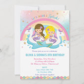 Invitation Mermaid Unicorn Rainbow Pool Party Twins Anniversa (Devant)