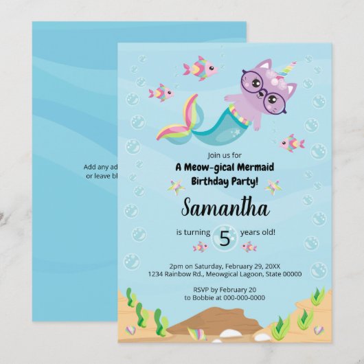 Invitation Mermaid Unicorn sous la mer fête d'anniversaire (Devant / Derrière)