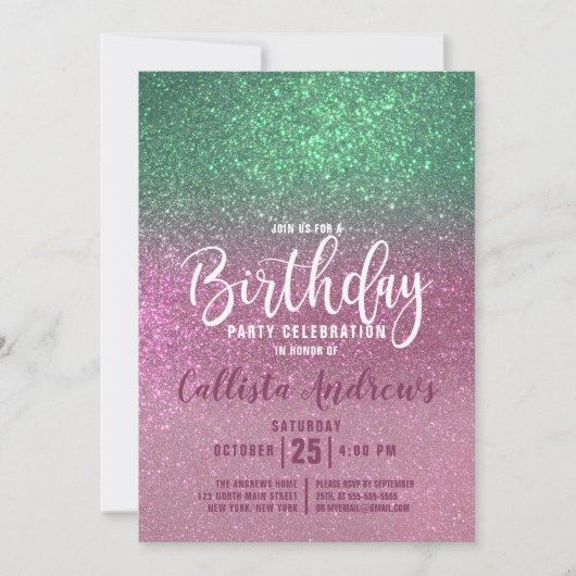 Invitation Mermaid vert rose triple Parties scintillant Ombre (Devant)
