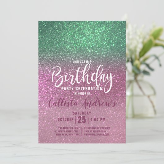 Invitation Mermaid vert rose triple Parties scintillant Ombre (Debout devant)