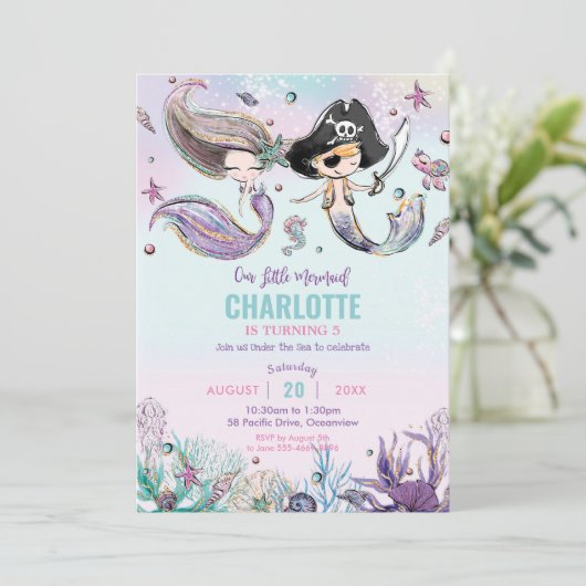Invitation Mermaids et Pirates Boy Girl Joint Birthday Party (Debout devant)