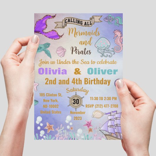 Invitation Mermaigre et Pirates de Cute Twins Fête d'annivers