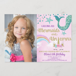 Invitation Mermaitres et licornes or rose turquoise photo d'a