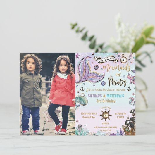 Invitation Mermaitres et pirates jumeaux Anniversaire photo O (Debout devant)
