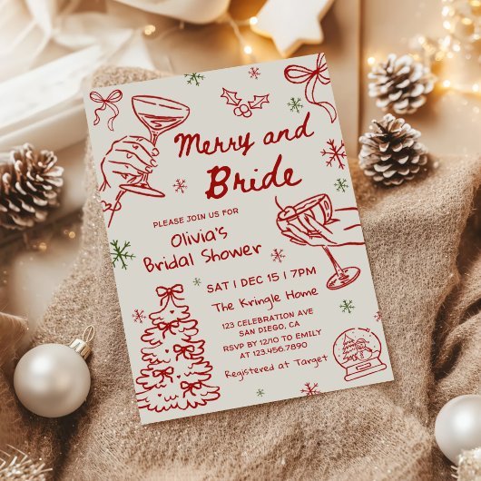 Invitation Merry and Bride Hand Drawn Christmas Bridal Shower