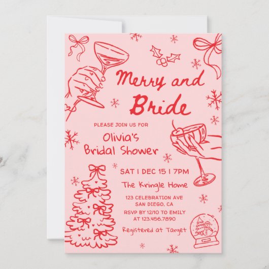 Invitation Merry and Bride Hand Drawn Christmas Bridal Shower (Devant)