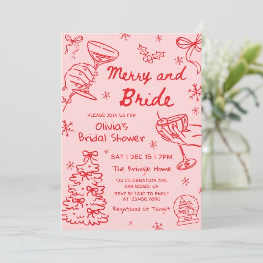 Invitation Merry and Bride Hand Drawn Christmas Bridal Shower (Debout devant)