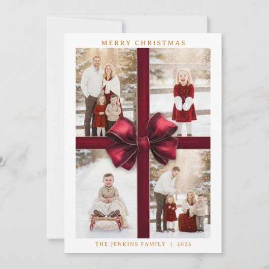 Invitation Merry Christmas Four Photo Card with Red Ribbon (Devant)