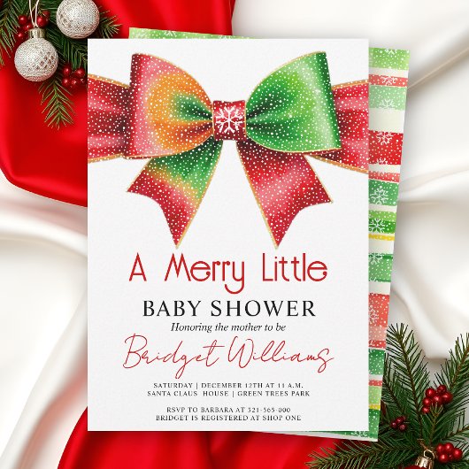 Invitation Merry Little Baby shower bow, snowflakes Christmas