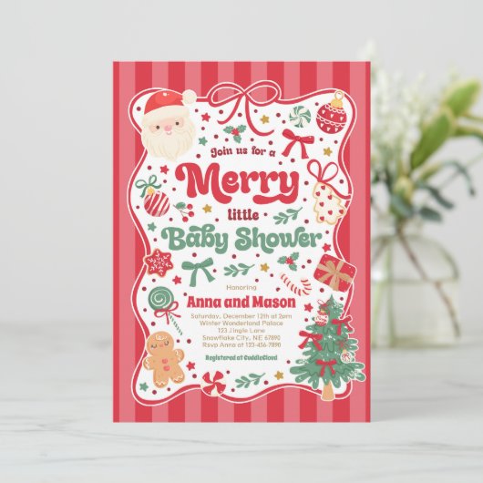 Invitation Merry Little Baby Shower Christmas Coquette Bow (Debout devant)