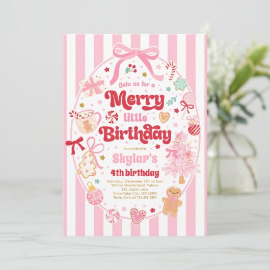 Invitation Merry Little Birthday Party Christmas Coquette Bow (Debout devant)