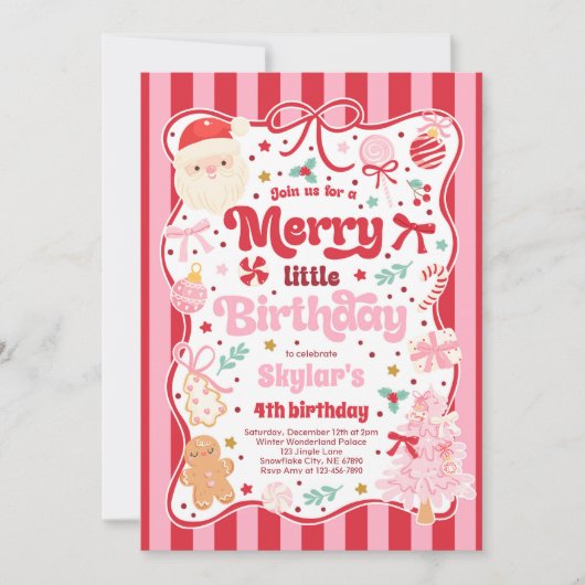 Invitation Merry Little Birthday Party Christmas Coquette Bow (Devant)