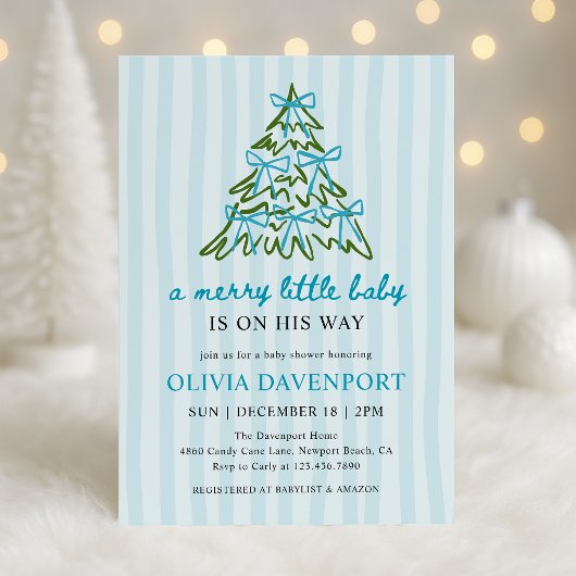 Invitation Merry Little Blue Bow Christmas Boy Baby Shower