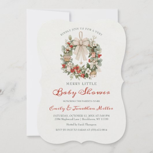 Invitation Merry Little Christmas Wreath Bow Baby Shower (Devant)