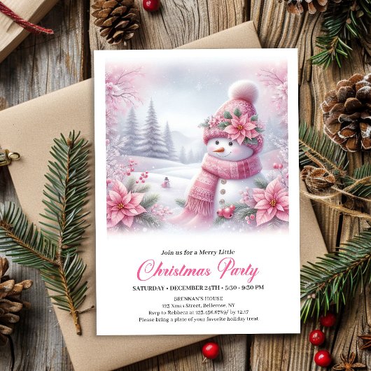 Invitation Merry Pink Snowman Editable Christmas Kids Invite