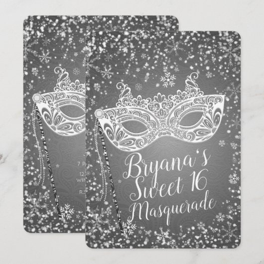 Invitation Merveilles d'hiver Argent Masquerade Sweet 16 Part (Devant / Derrière)