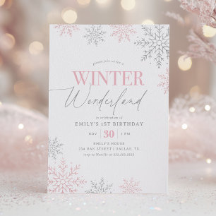 Invitation Merveilleux Hiver Paillettes Rose Argent 1er Anniv