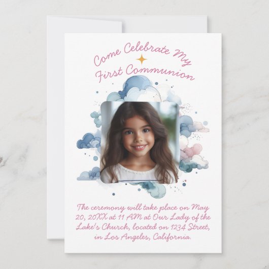 Invitation Mes premiers nuages d'aquarelle communion (Devant)