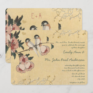 Invitation Mésange Fleur de Cerisier Vintage Mariage Damassé