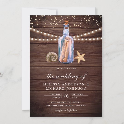 Invitation Message dans une bouteille Mariage nautique en boi (Devant)