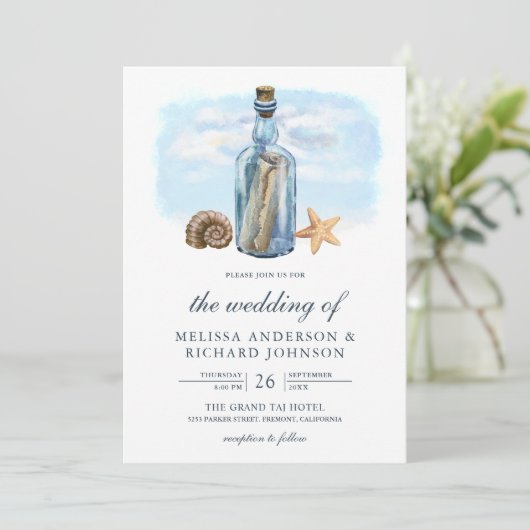 Invitation Message dans une bouteille Rustique Mariage nautiq (Debout devant)