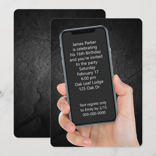 Invitation Message texte pour une fête d'anniversaire 16 ans (Devant / Derrière)