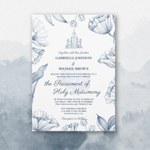 Invitation Messe de Mariage Élégante Fleurie Bleue d'Église N