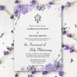 Invitation Messe de Mariage Élégante Fleurie Violette sur Fon