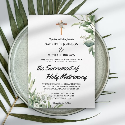 Invitation Messe de mariage florale verte douce élégante blan
