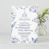 Invitation Messe de mariage nuptial florale bleue élégante d' (Debout devant)