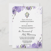 Invitation Messe de Noces Blanche Élégante Croix Fleurie Viol (Devant)