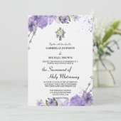 Invitation Messe de Noces Blanche Élégante Croix Fleurie Viol (Debout devant)