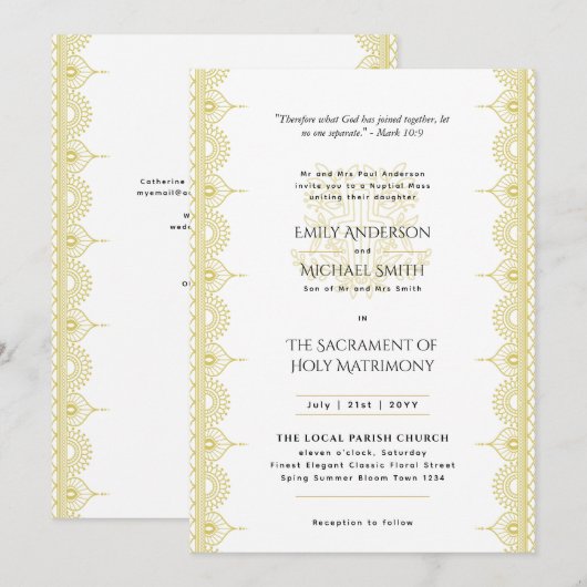 Invitation Messe nuptiale des Mariages catholiques d'or Manda (Devant / Derrière)