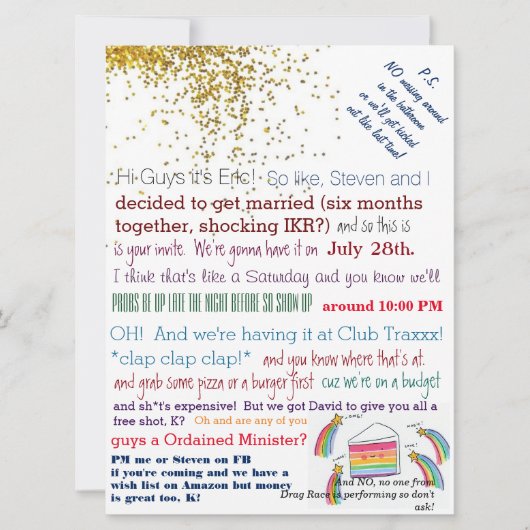 Invitation Messy Club Queen Gay Wedding Invite (Devant)