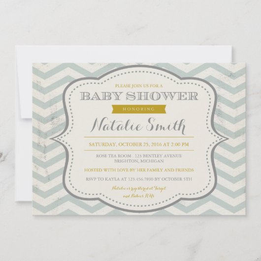 Invitation Messy Turquoise Grey et Gold Baby showe (Devant)