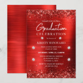 Invitation Métal brossé rouge et Parties scintillant Graduati (Devant / Derrière)