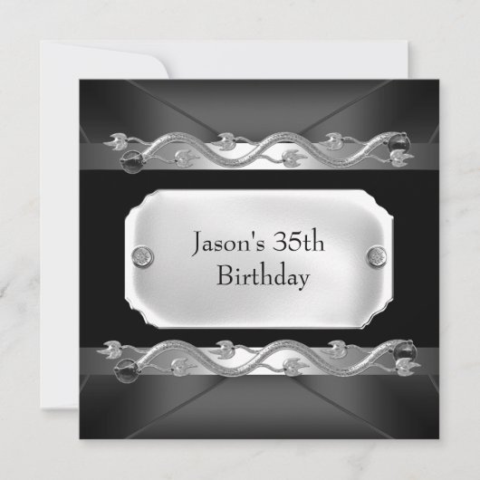 Invitation Métal Chrome Noir Argent Mens 35e anniversaire (Devant)