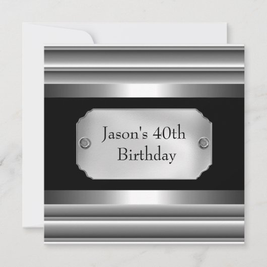 Invitation Metal Chrome Noir Style Argent Hommes 40ème (Devant)